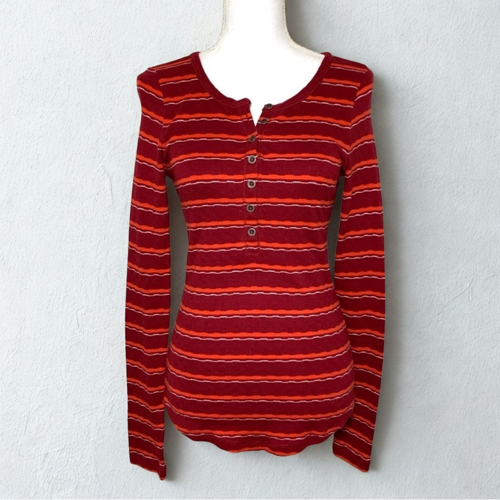 Lucky Brand Red Fitted Stripe Henley 3/4 Button Down Shirt Women’s Medium